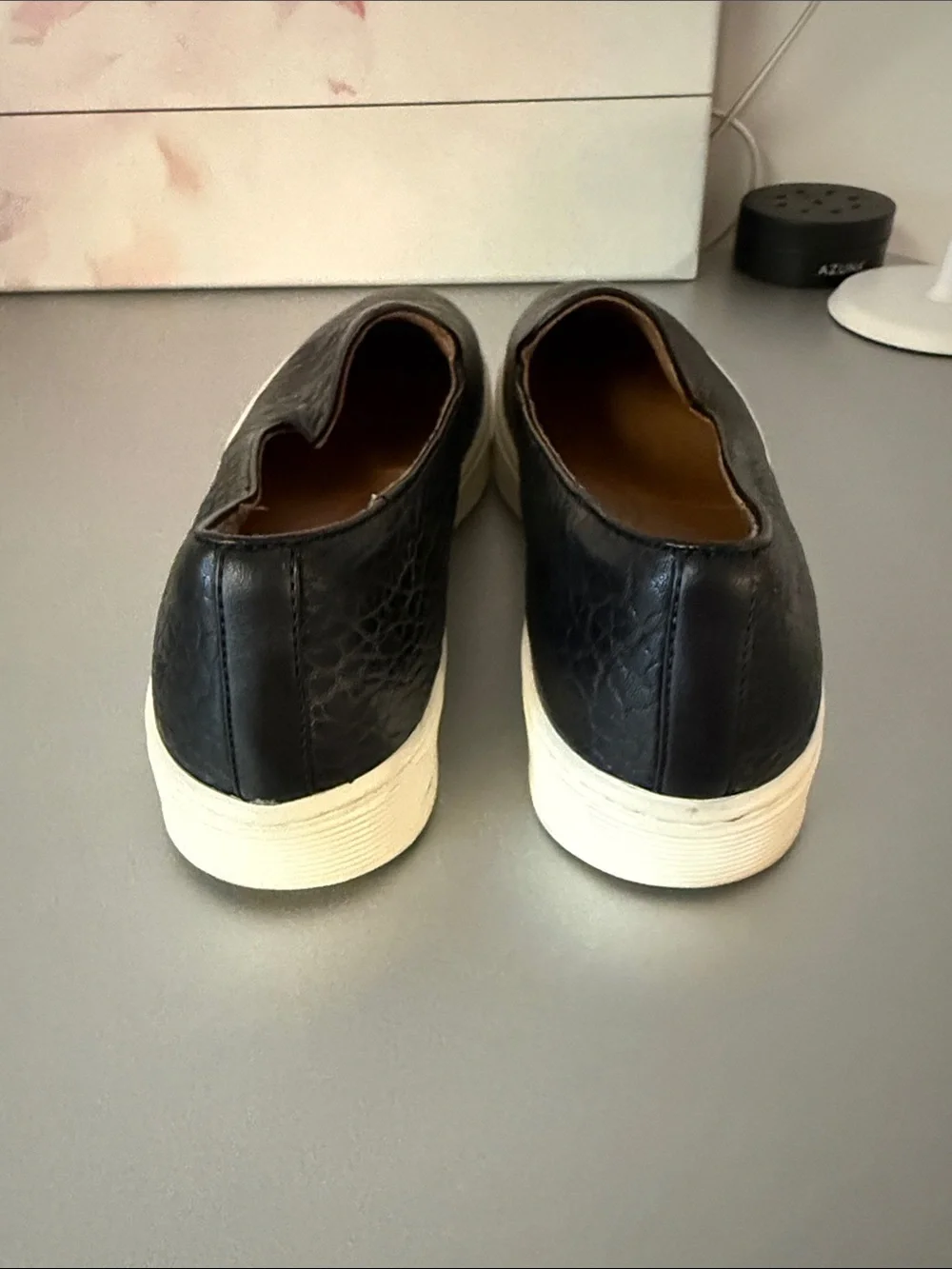 Sofft Black Textured Leather Slip-On Sneakers with White Sole Size 9